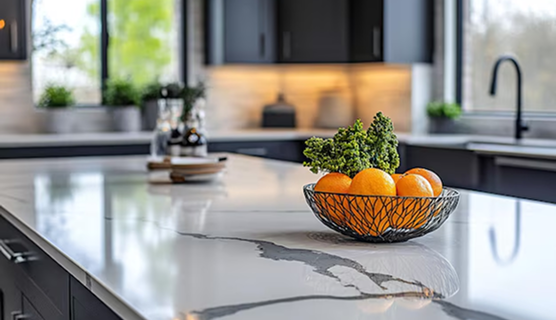 Beautiful and modern quartz stone kitchen counter top with some oranges on top